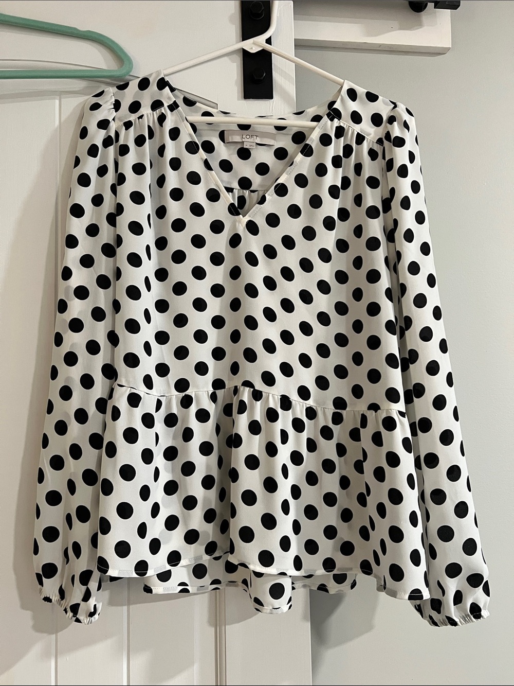 LOFT Black and White Polka Dot V-Neck Peplum Blouse